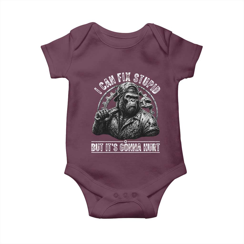 Funny Gorilla Mechanic Baby Onesie I Can Fix Stupid But Its Gonna Hurt
