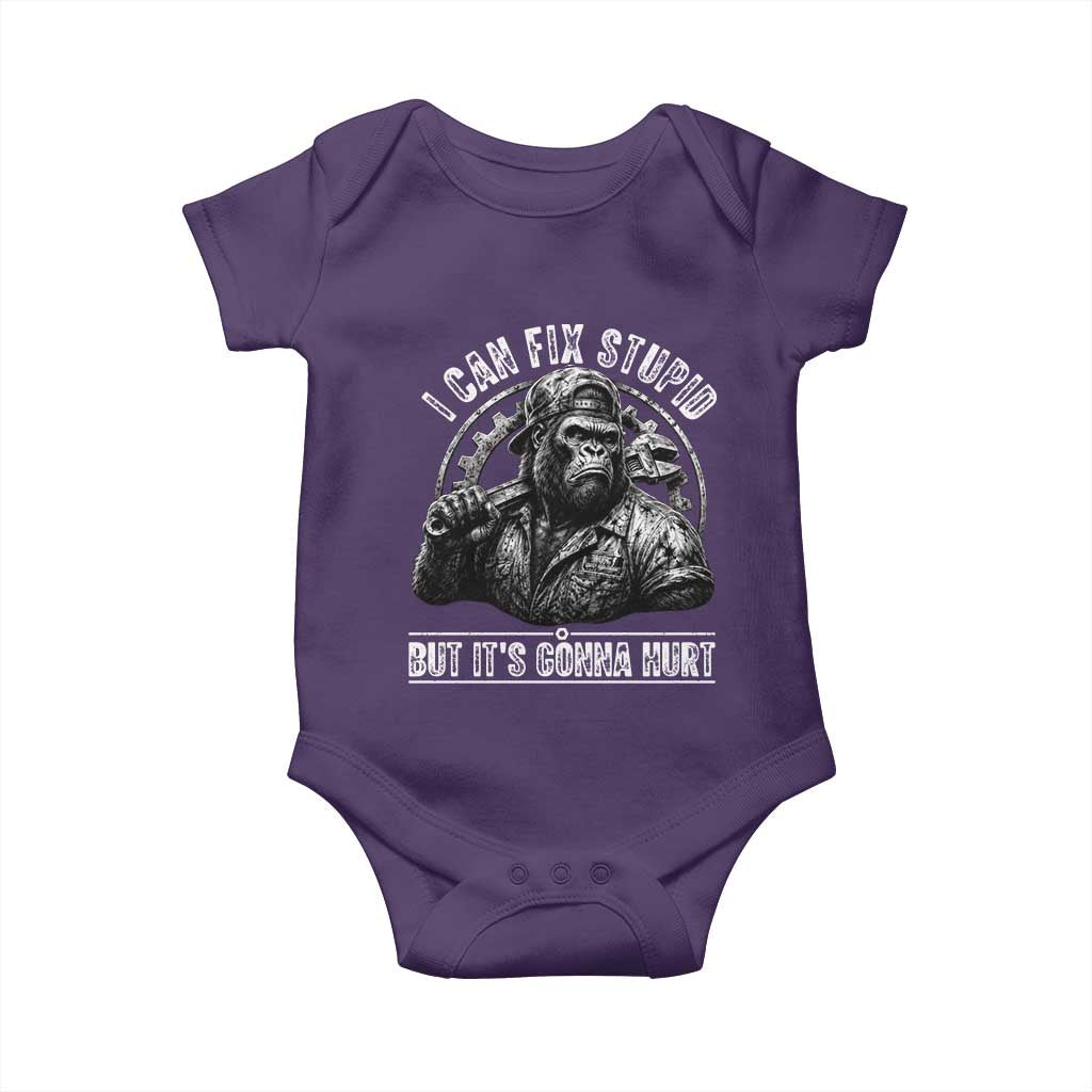 Funny Gorilla Mechanic Baby Onesie I Can Fix Stupid But Its Gonna Hurt