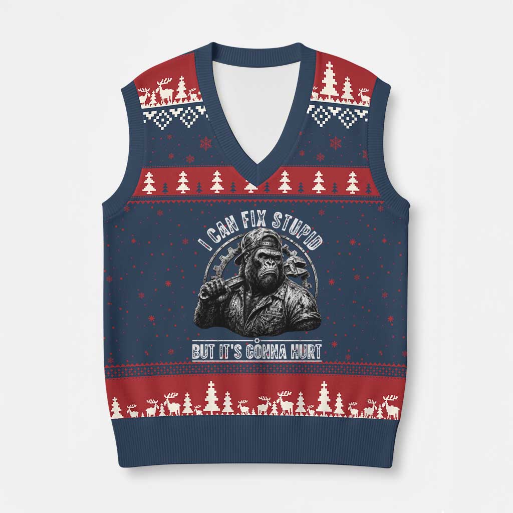 Funny Gorilla Mechanic V-Neck Knit Sweater Vest I Can Fix Stupid But Its Gonna Hurt