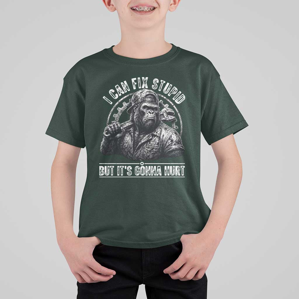 Funny Gorilla Mechanic T Shirt For Kid I Can Fix Stupid But Its Gonna Hurt