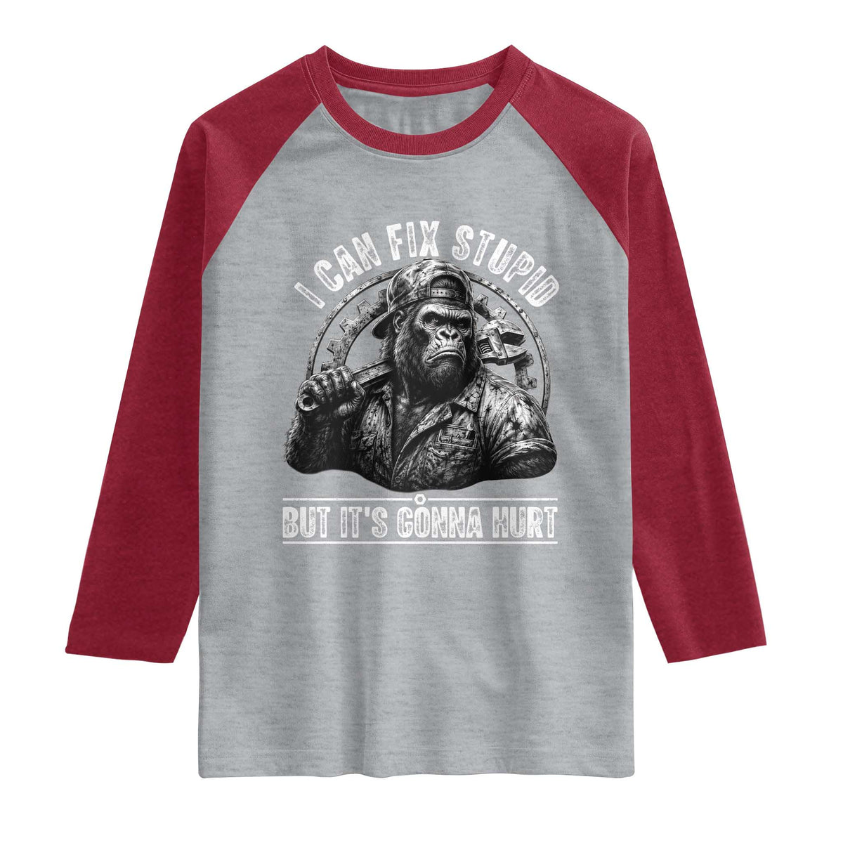 Funny Gorilla Mechanic Raglan Shirt I Can Fix Stupid But Its Gonna Hurt