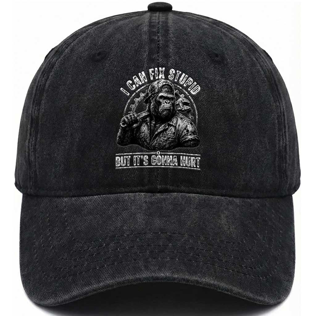 Funny Gorilla Mechanic Washed Cotton Baseball Cap I Can Fix Stupid But Its Gonna Hurt