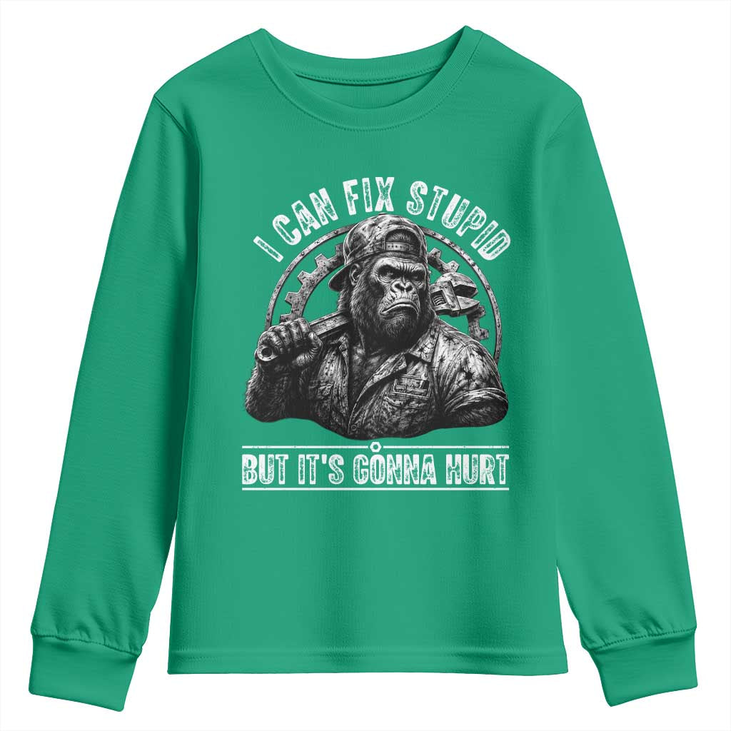 Funny Gorilla Mechanic Youth Sweatshirt I Can Fix Stupid But Its Gonna Hurt