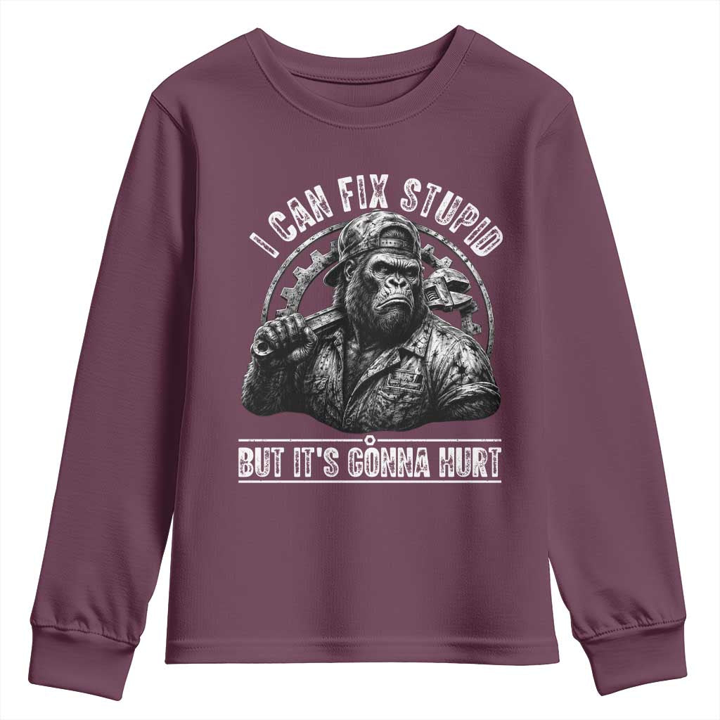Funny Gorilla Mechanic Youth Sweatshirt I Can Fix Stupid But Its Gonna Hurt