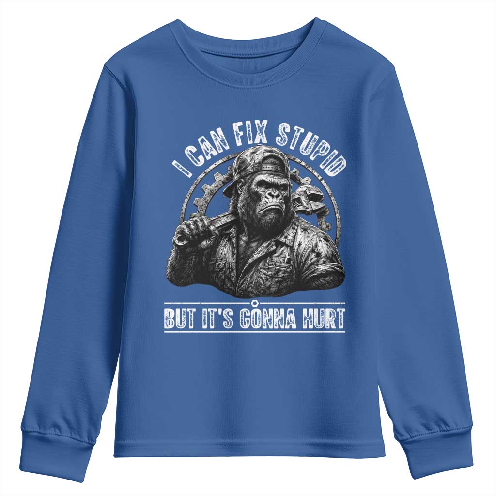 Funny Gorilla Mechanic Youth Sweatshirt I Can Fix Stupid But Its Gonna Hurt
