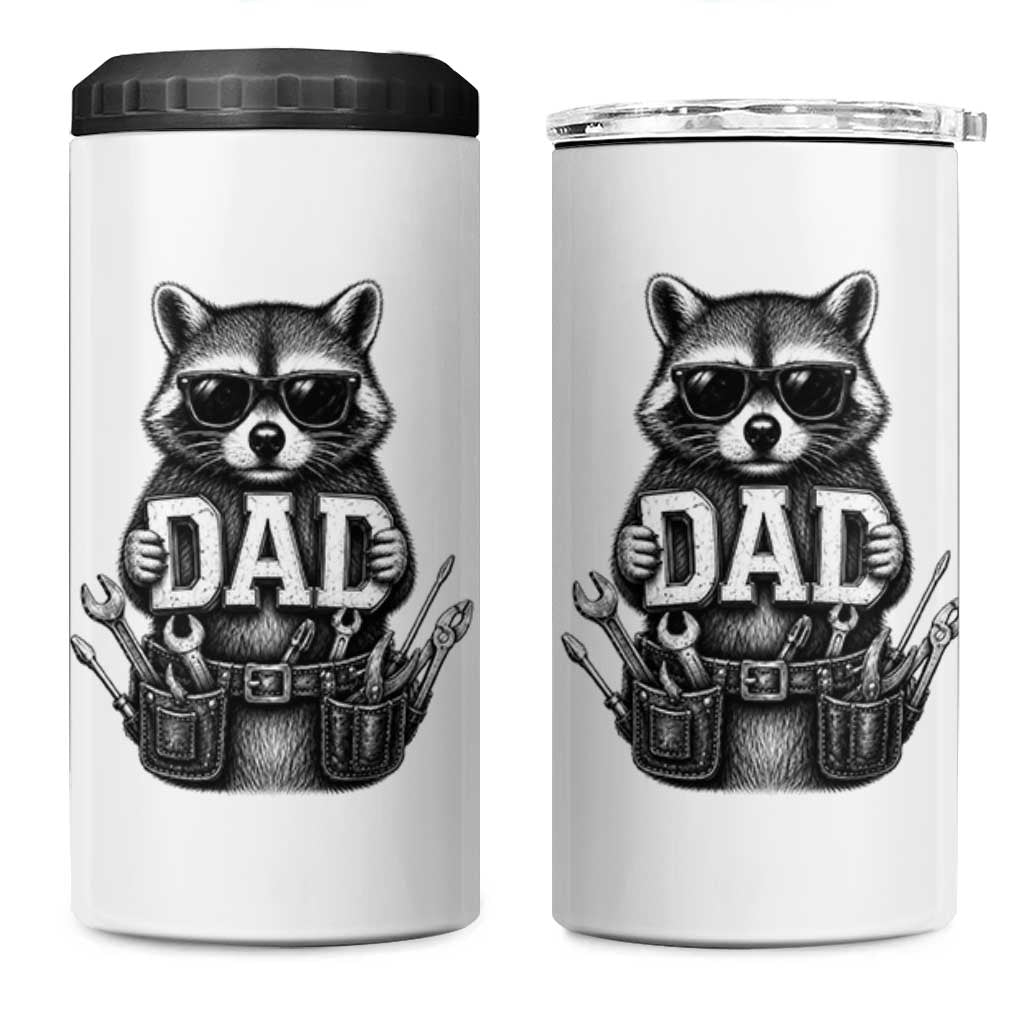 Funny Raccoon Dad Mechanic 4 in 1 Can Cooler Tumbler Trash Panda Fathers Day Gift