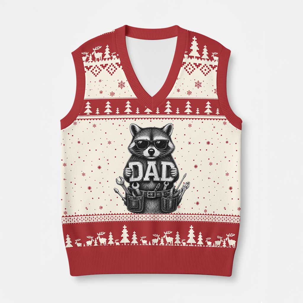 Funny Raccoon Dad Mechanic V-Neck Knit Sweater Vest Trash Panda Fathers Day Gift