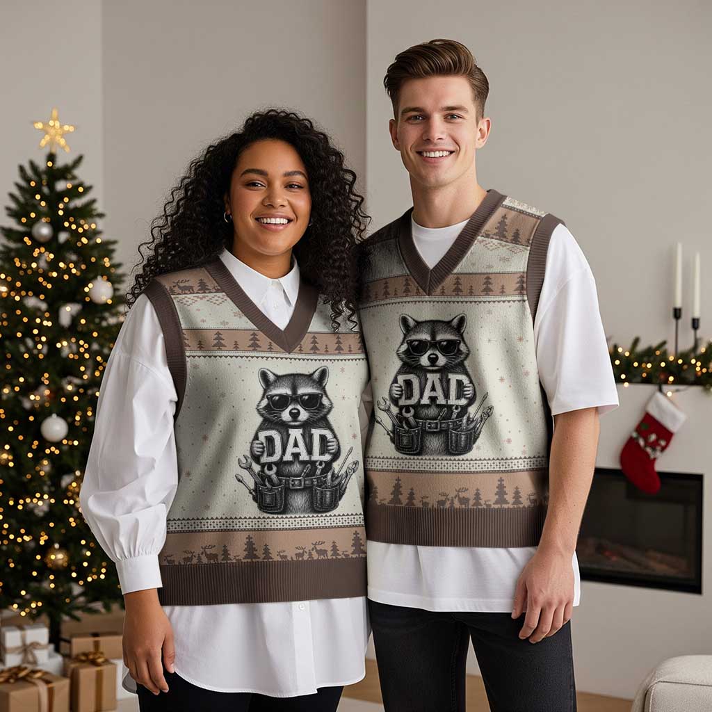 Funny Raccoon Dad Mechanic V-Neck Knit Sweater Vest Trash Panda Fathers Day Gift