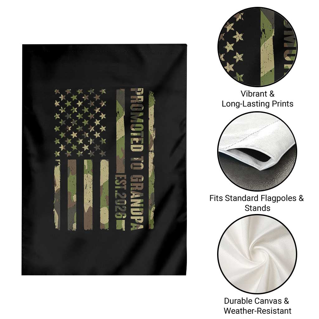 Promoted To Grandpa Est 2026 Patriotic American Flag Camo Garden Flag