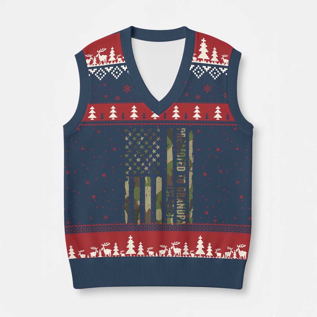 Promoted To Grandpa Est 2026 Patriotic American Flag Camo V-Neck Knit Sweater Vest