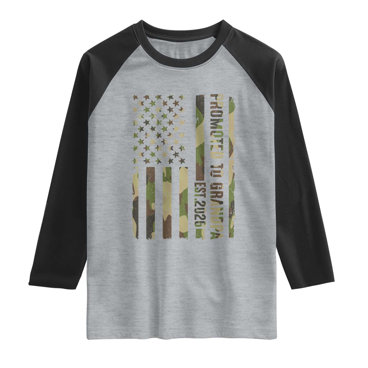Promoted To Grandpa Est 2026 Patriotic American Flag Camo Raglan Shirt