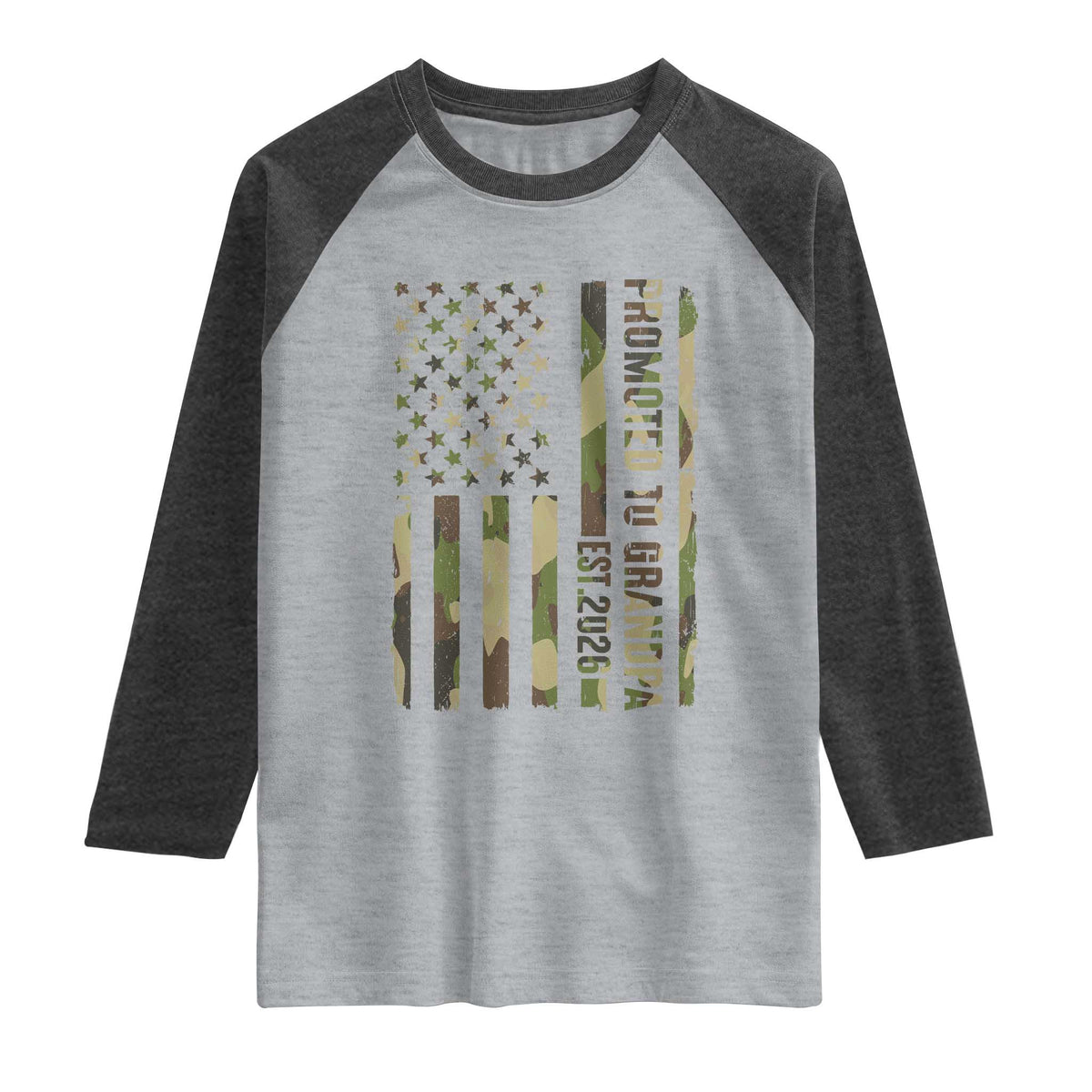 Promoted To Grandpa Est 2026 Patriotic American Flag Camo Raglan Shirt