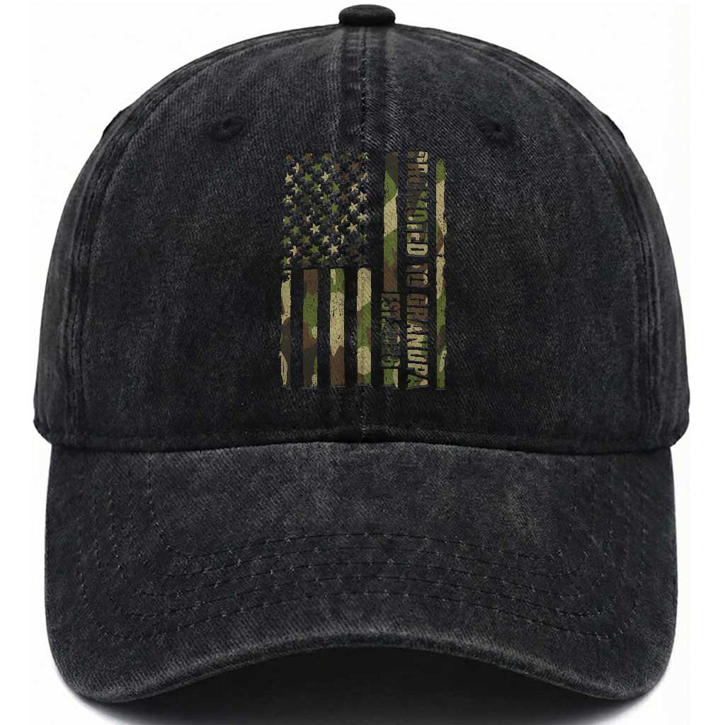 Promoted To Grandpa Est 2026 Patriotic American Flag Camo Washed Cotton Baseball Cap