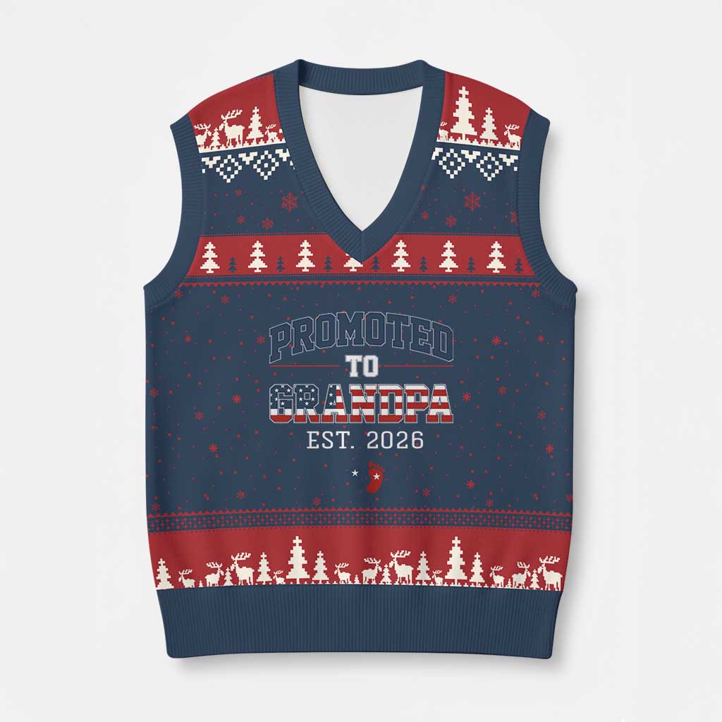 Patriotic Promoted To Grandpa Est 2026 V-Neck Knit Sweater Vest US Flag New Father Gift