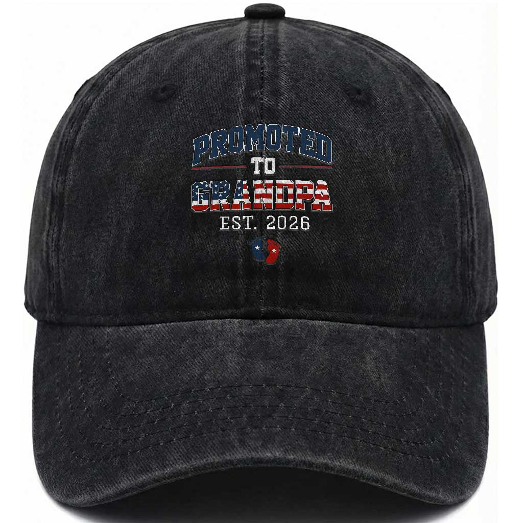 Patriotic Promoted To Grandpa Est 2026 Washed Cotton Baseball Cap US Flag New Father Gift