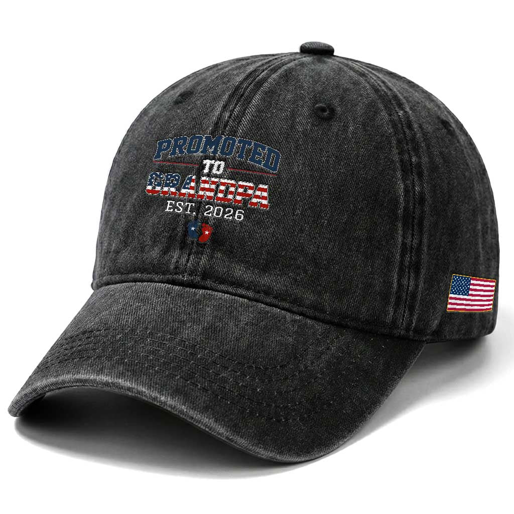Patriotic Promoted To Grandpa Est 2026 Washed Cotton Baseball Cap US Flag New Father Gift