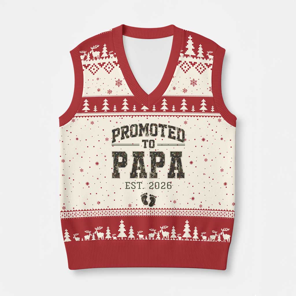 Promoted To Dad Est 2026 Camo V-Neck Knit Sweater Vest Hunting Style New Dad Gift Graphic