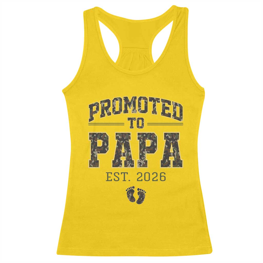 Promoted To Dad Est 2026 Camo Racerback Tank Top Hunting Style New Dad Gift Graphic