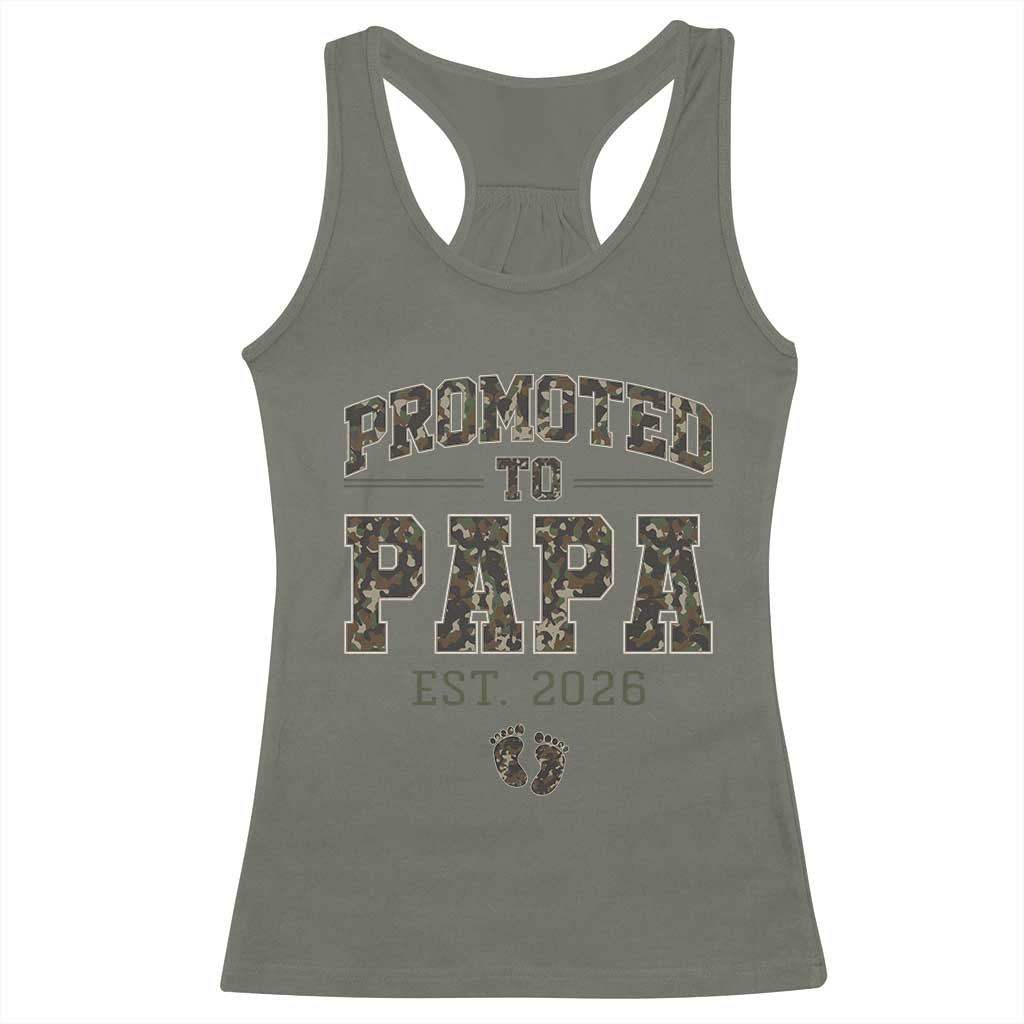 Promoted To Dad Est 2026 Camo Racerback Tank Top Hunting Style New Dad Gift Graphic