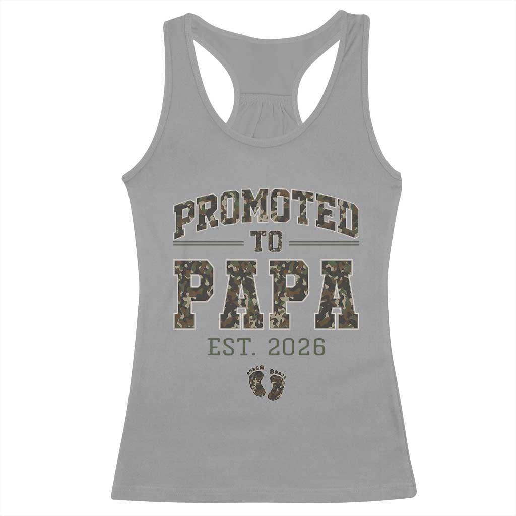 Promoted To Dad Est 2026 Camo Racerback Tank Top Hunting Style New Dad Gift Graphic