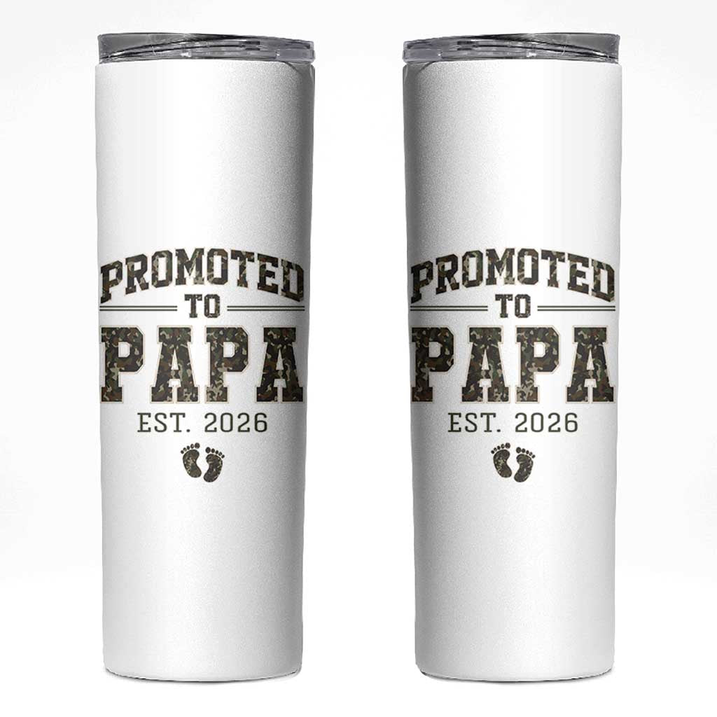 Promoted To Dad Est 2026 Camo Skinny Tumbler Hunting Style New Dad Gift Graphic