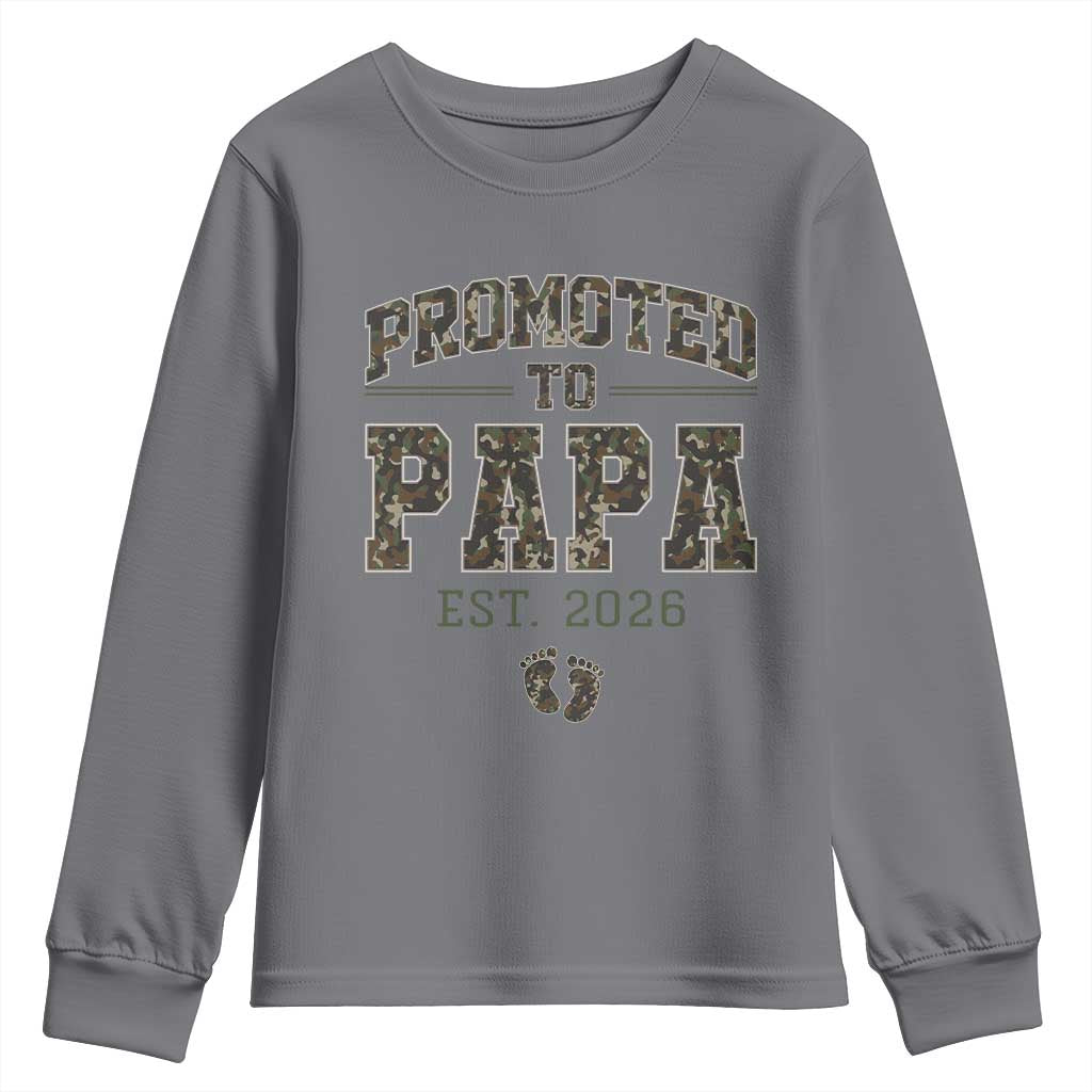 Promoted To Dad Est 2026 Camo Youth Sweatshirt Hunting Style New Dad Gift Graphic
