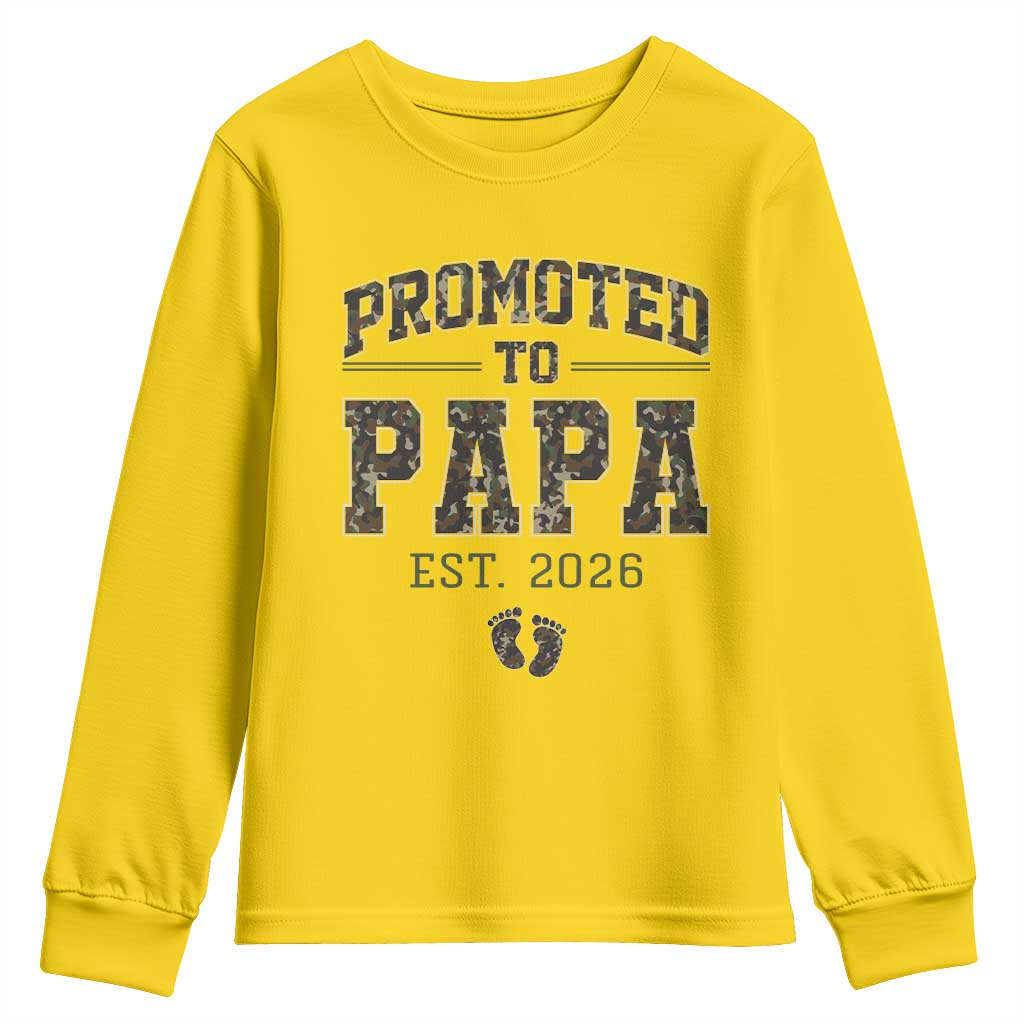Promoted To Dad Est 2026 Camo Youth Sweatshirt Hunting Style New Dad Gift Graphic