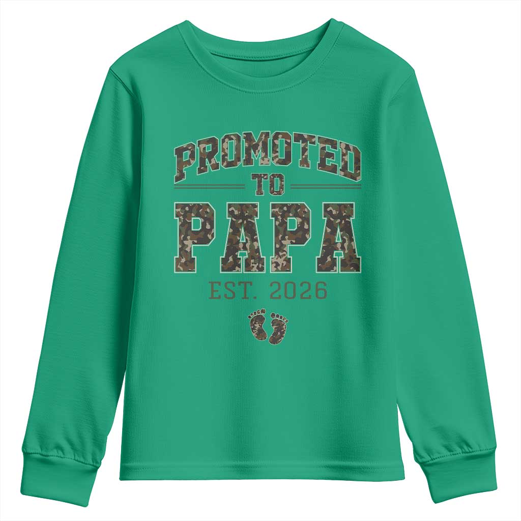 Promoted To Dad Est 2026 Camo Youth Sweatshirt Hunting Style New Dad Gift Graphic