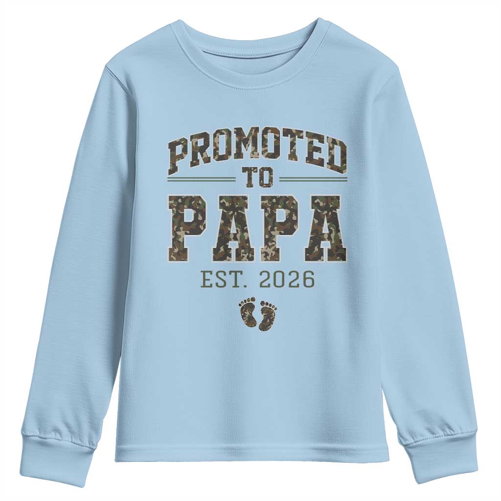 Promoted To Dad Est 2026 Camo Youth Sweatshirt Hunting Style New Dad Gift Graphic