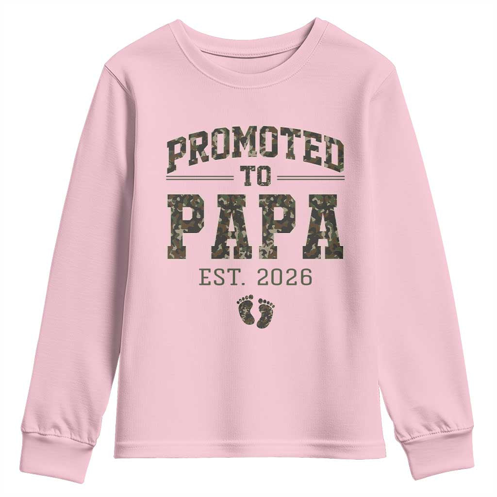 Promoted To Dad Est 2026 Camo Youth Sweatshirt Hunting Style New Dad Gift Graphic