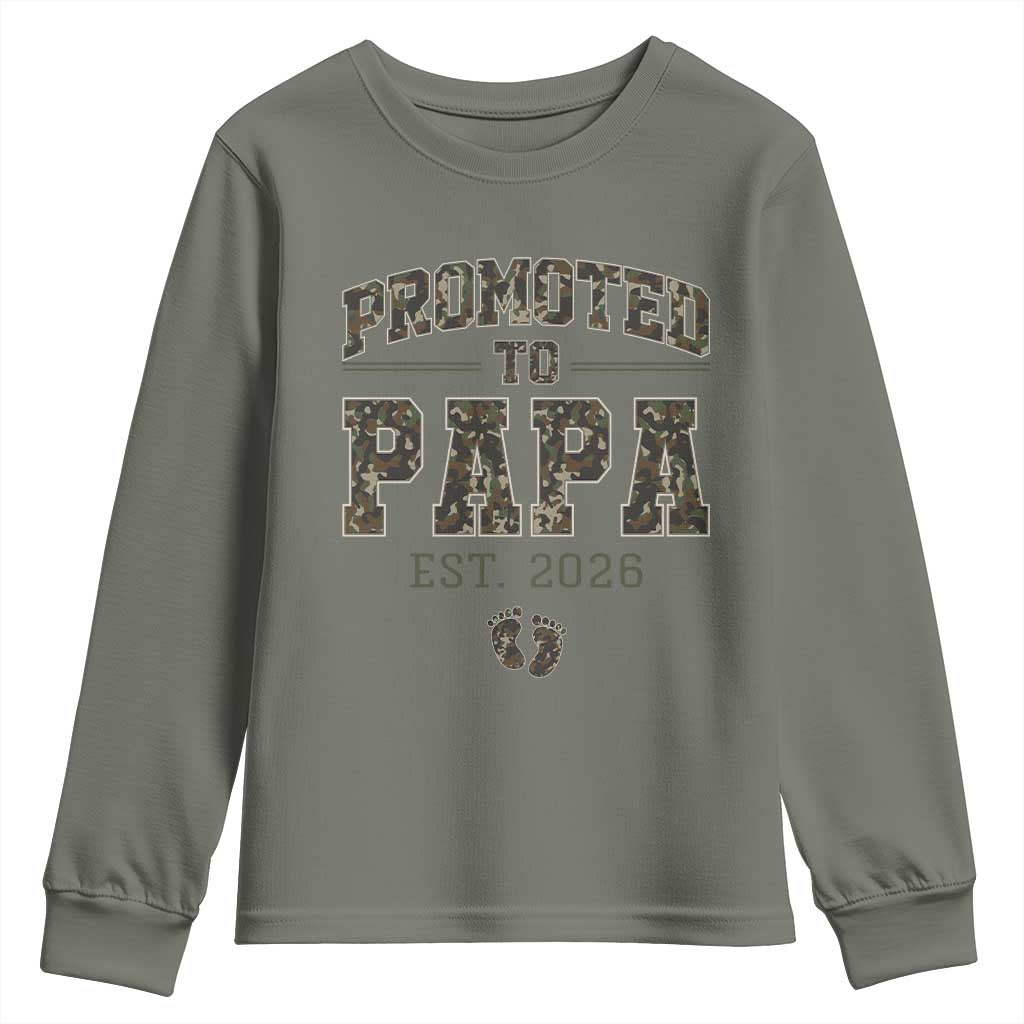 Promoted To Dad Est 2026 Camo Youth Sweatshirt Hunting Style New Dad Gift Graphic