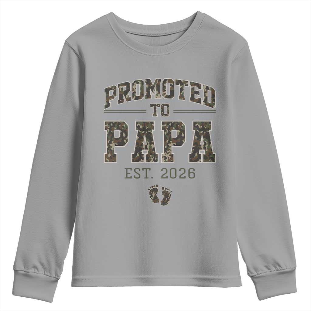 Promoted To Dad Est 2026 Camo Youth Sweatshirt Hunting Style New Dad Gift Graphic