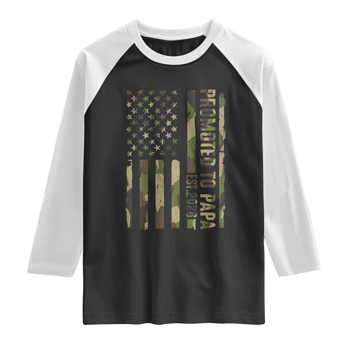 Promoted To Papa Est 2026 American Flag Camo Raglan Shirt Patriotic New Papa