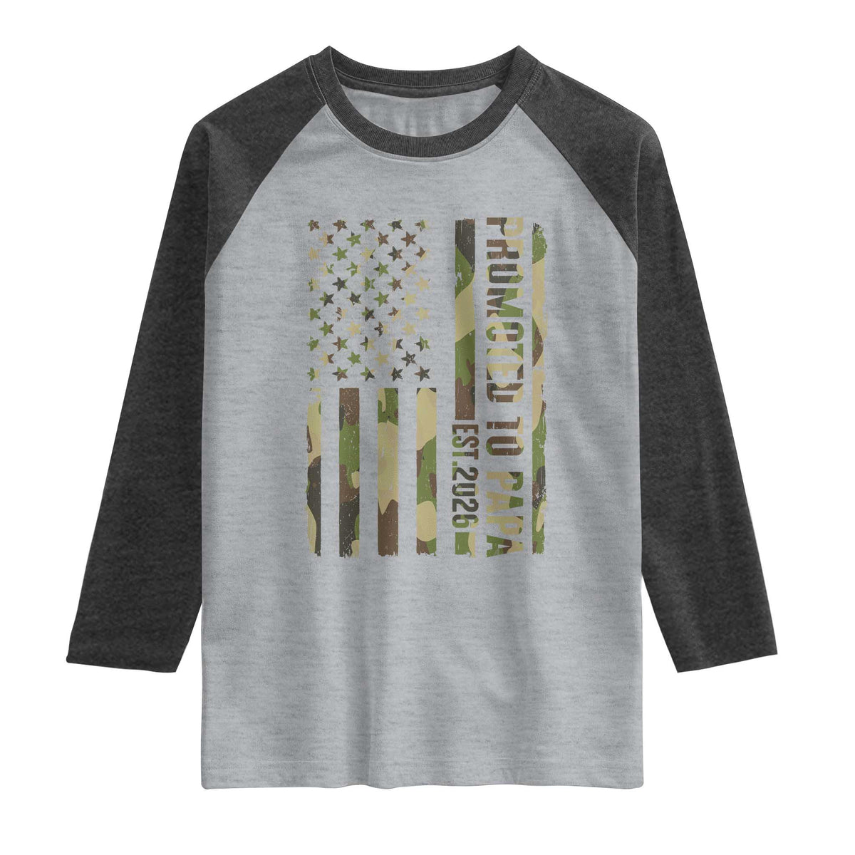 Promoted To Papa Est 2026 American Flag Camo Raglan Shirt Patriotic New Papa