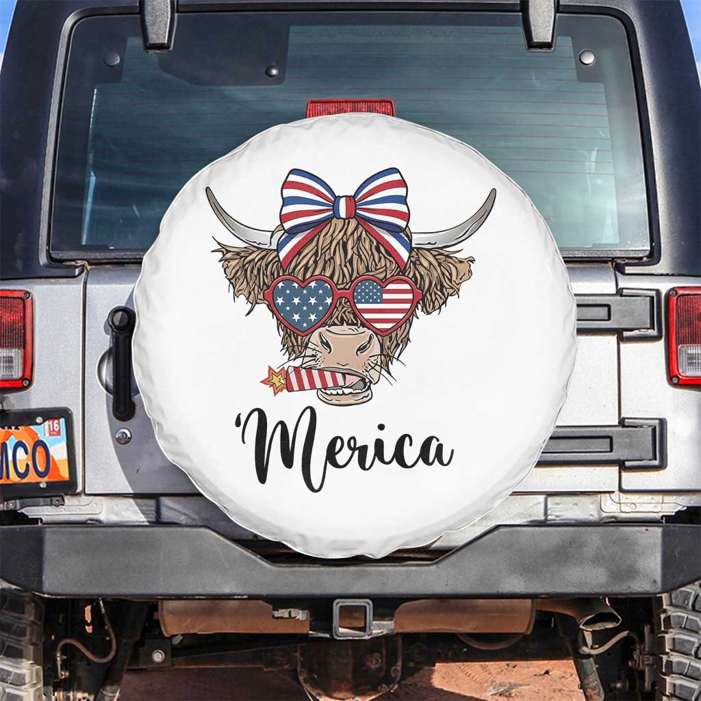 Patriotic Highland Cow Spare Tire Cover Merica USA Flag Farmer Gift