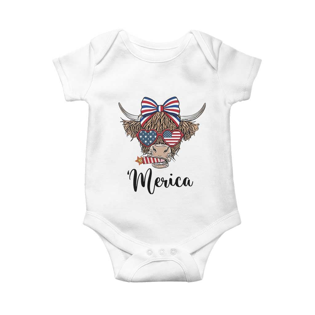 Patriotic Highland Cow Baby Onesie Merica USA Flag Farmer Gift