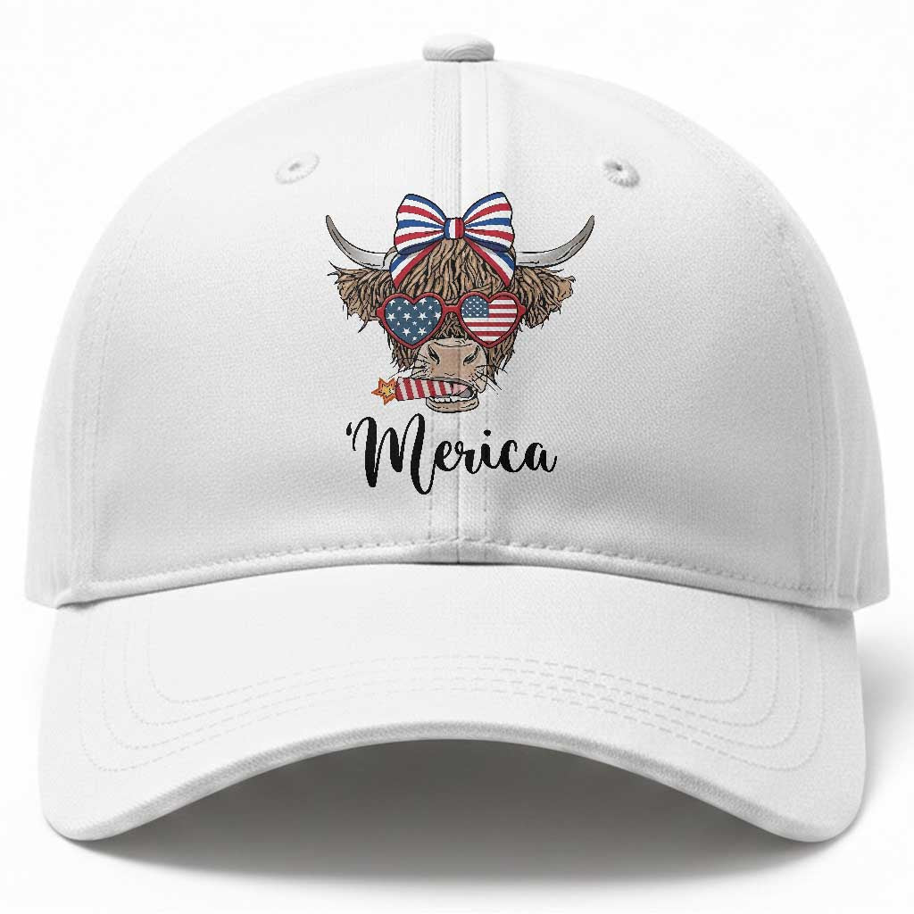 Patriotic Highland Cow Baseball Cap Merica USA Flag Farmer Gift