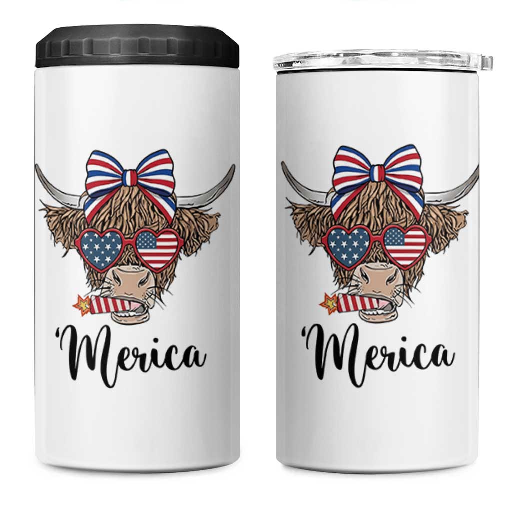 Patriotic Highland Cow 4 in 1 Can Cooler Tumbler Merica USA Flag Farmer Gift