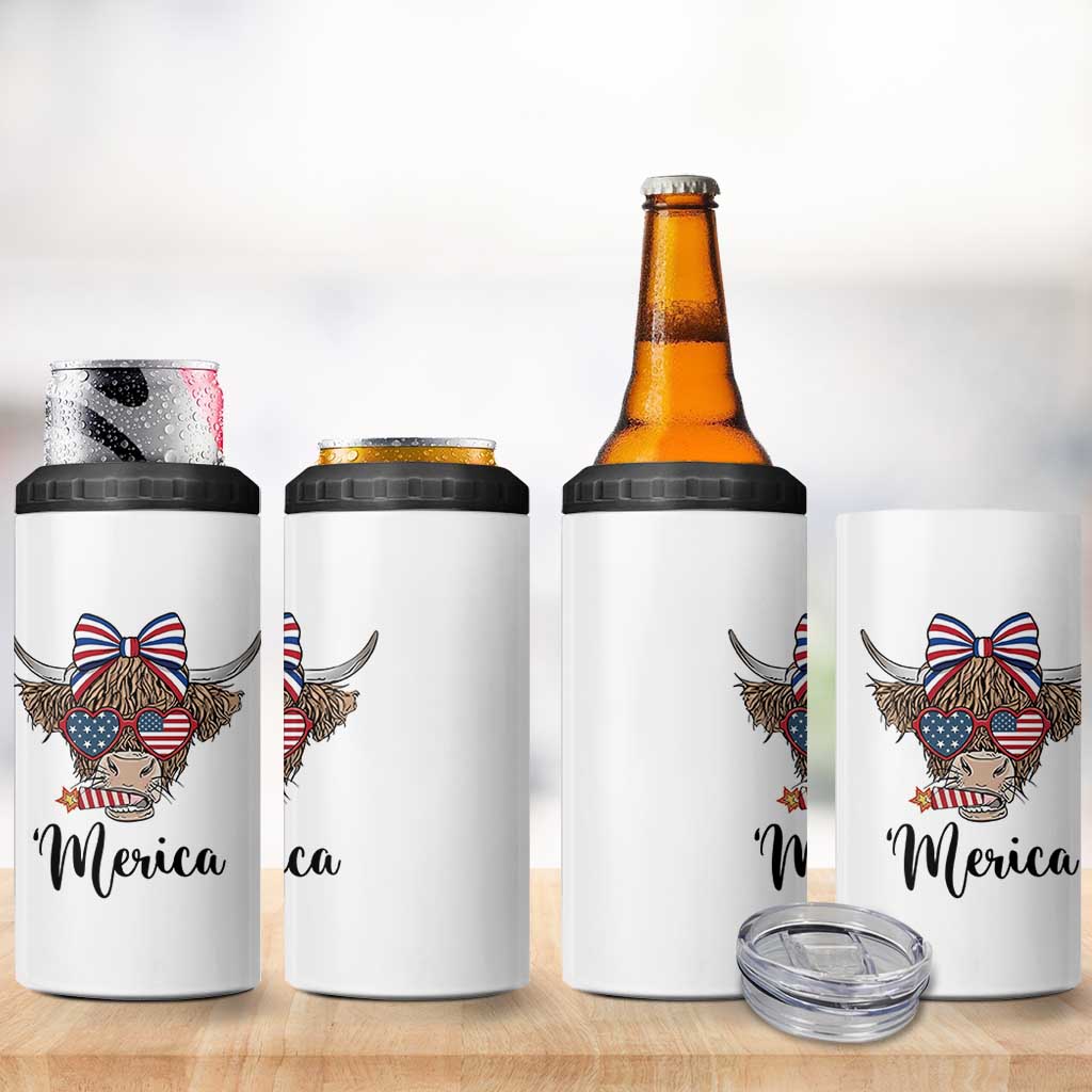 Patriotic Highland Cow 4 in 1 Can Cooler Tumbler Merica USA Flag Farmer Gift