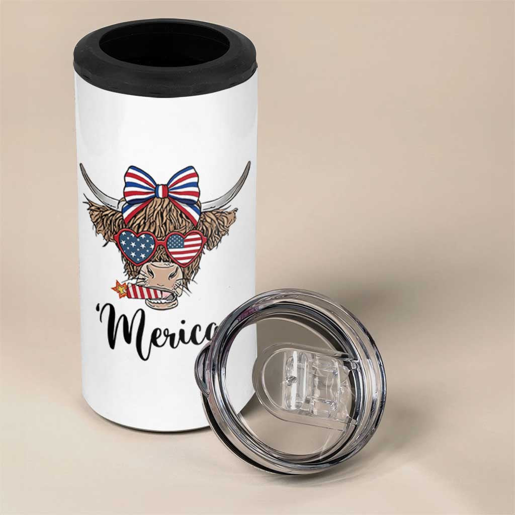 Patriotic Highland Cow 4 in 1 Can Cooler Tumbler Merica USA Flag Farmer Gift