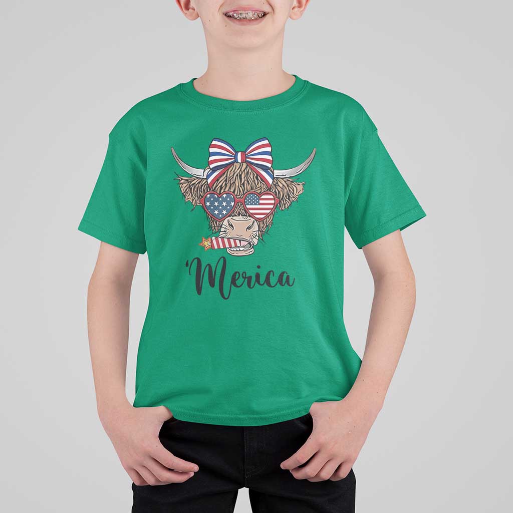 Patriotic Highland Cow T Shirt For Kid Merica USA Flag Farmer Gift