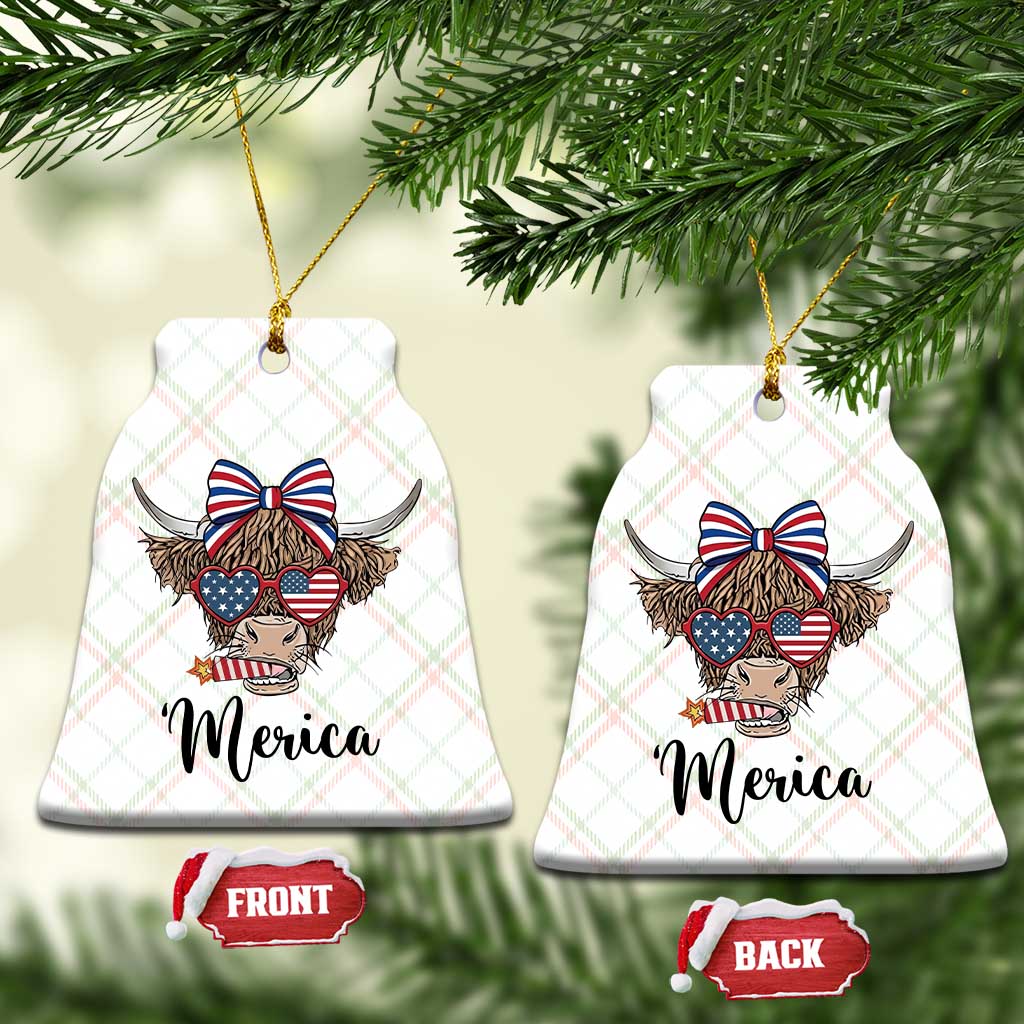 Patriotic Highland Cow Ceramic Ornament Merica USA Flag Farmer Gift