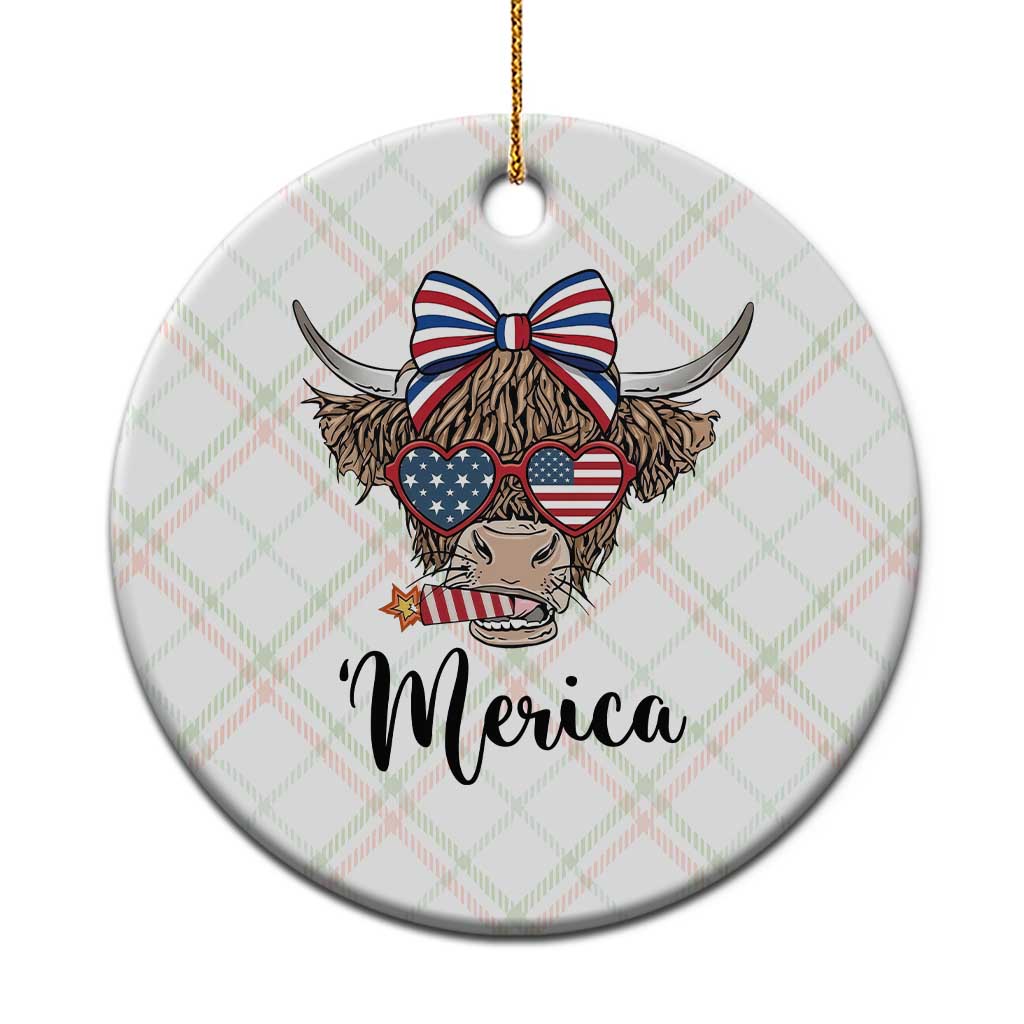 Patriotic Highland Cow Ceramic Ornament Merica USA Flag Farmer Gift