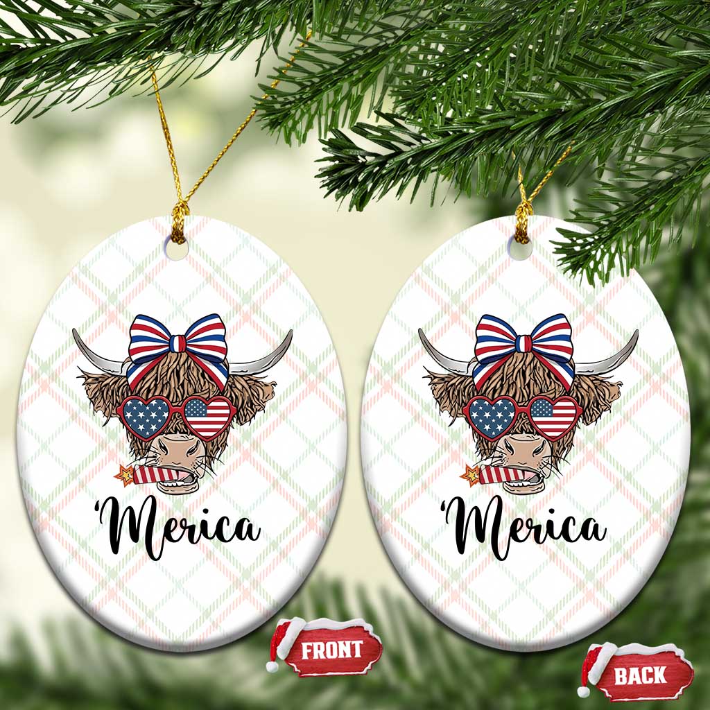 Patriotic Highland Cow Ceramic Ornament Merica USA Flag Farmer Gift
