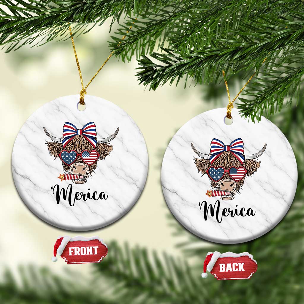 Patriotic Highland Cow Ceramic Ornament Merica USA Flag Farmer Gift