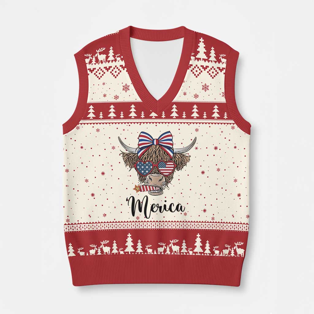 Patriotic Highland Cow V-Neck Knit Sweater Vest Merica USA Flag Farmer Gift