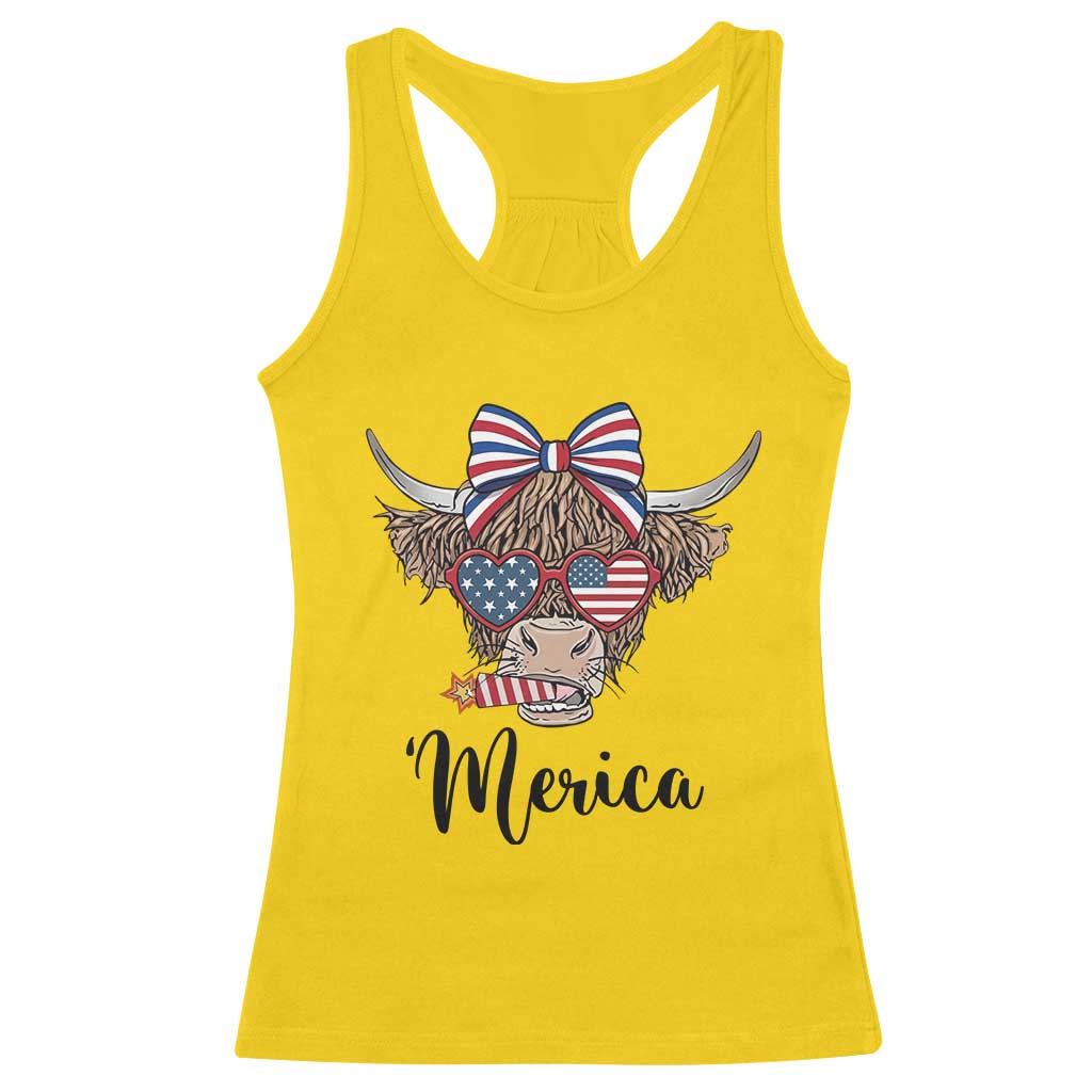 Patriotic Highland Cow Racerback Tank Top Merica USA Flag Farmer Gift