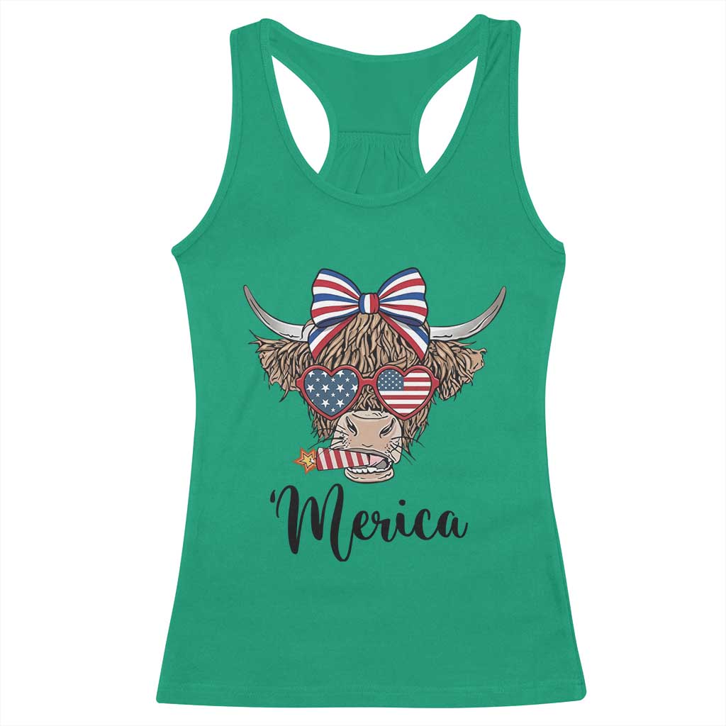 Patriotic Highland Cow Racerback Tank Top Merica USA Flag Farmer Gift