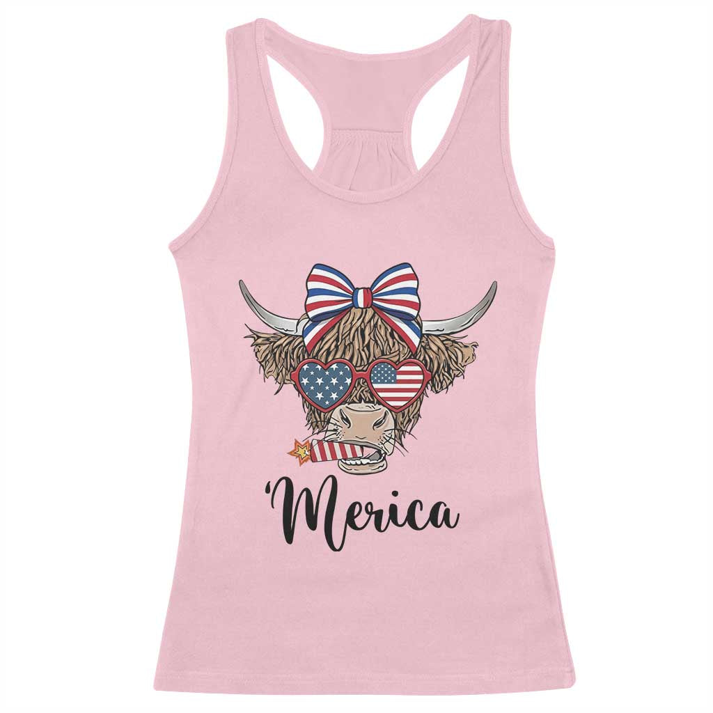Patriotic Highland Cow Racerback Tank Top Merica USA Flag Farmer Gift