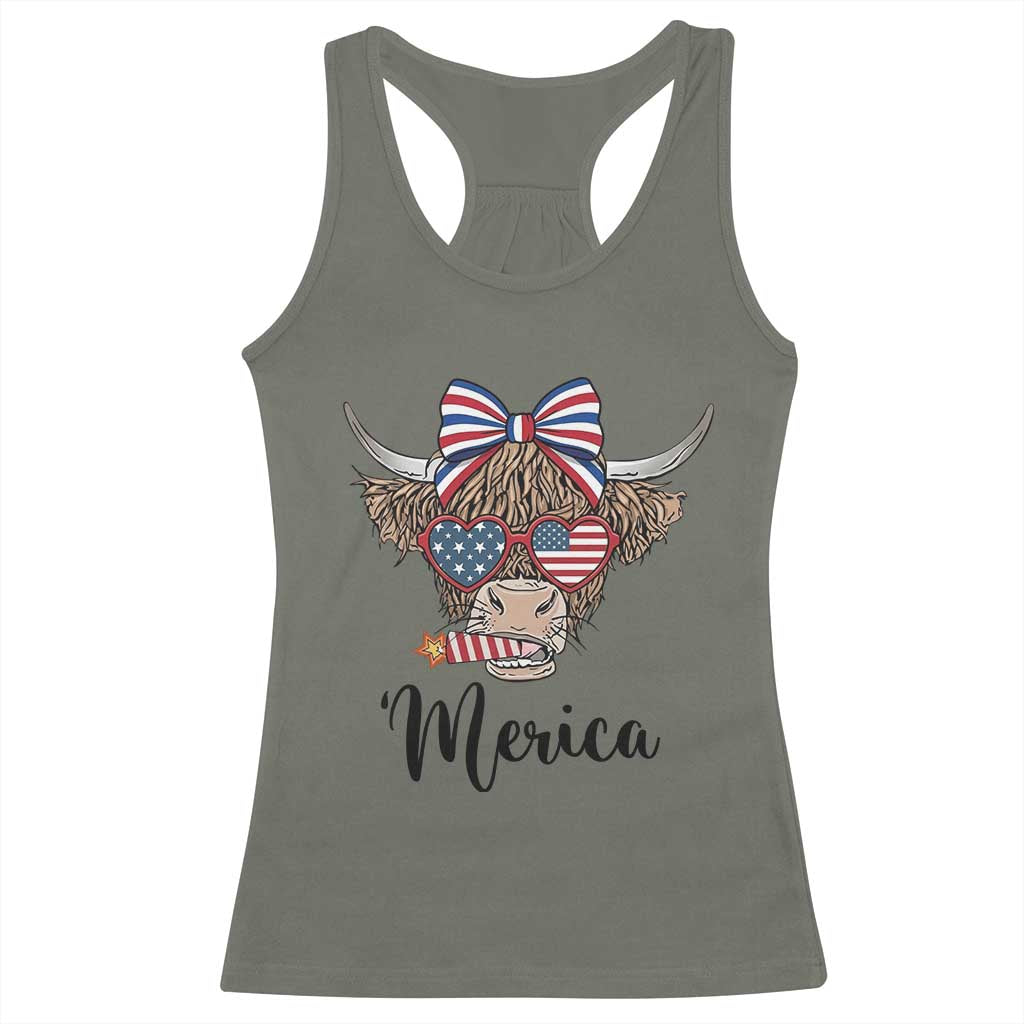 Patriotic Highland Cow Racerback Tank Top Merica USA Flag Farmer Gift